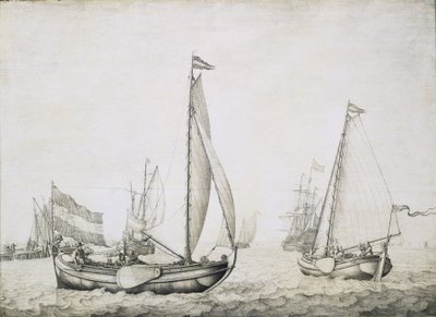 Twee Nederlandse schepen bij vertrek, waarschijnlijk in de haven van Amsterdam, circa 1660, door Willem van de Velde door Willem van de the Elder Velde