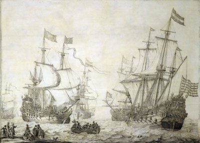 Twee koopvaardijschepen van de Nederlandse Oost-Indische Compagnie, die de kust verlaten bij kalme wind door Willem van de the Elder Velde