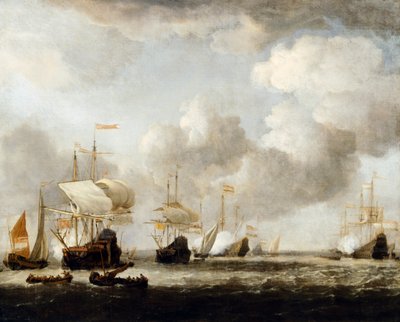 Een Nederlandse vloot die in een bries komt ankeren door Willem van de the Younger (attr.to) Velde