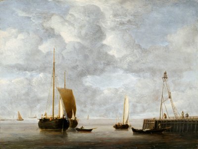 Een Nederlandse Hoeker voor Anker bij een Pier c.1665 door Willem van de Velde the Younger