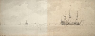 Een Nederlands oorlogsschip voor anker, ca. 1666 door Willem van de Velde the Younger