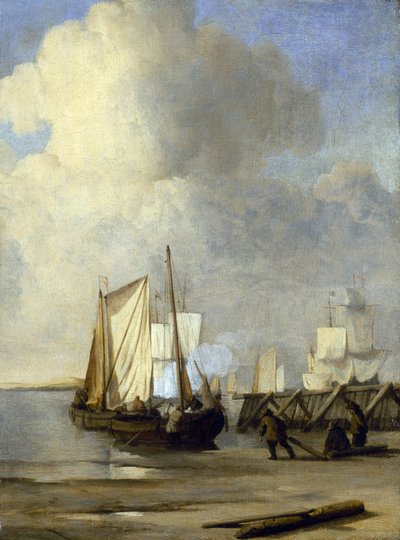 Een Kaag aan de kust, een Nederlands schip gebruikt voor de binnenwateren door Willem van de Velde the Younger