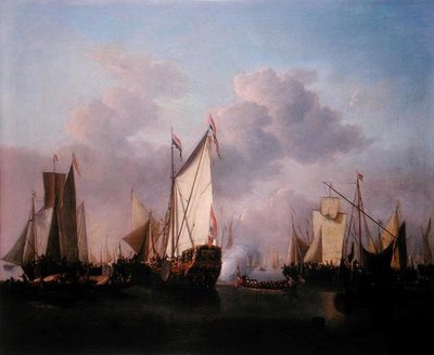 Een staatsjacht en andere schepen in een zeer lichte lucht, ca. 1655 door Willem van de Velde the Younger