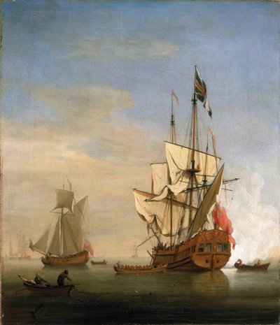 Een zesde rang (sixth rate), een klein Brits oorlogsschip, vuurt het kanon ter begroeting door Willem van de Velde the Younger