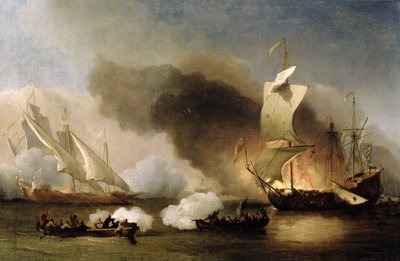 Een Actie voor de Barbarijse Kust met Galeien en Engelse Schepen, c.1695 door Willem van de Velde the Younger