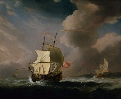 Een Engelse Tweedekker in een Sterke Wind met een ander Schip op de Achtergrond door Willem van de Velde the Younger
