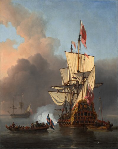 Een Engels oorlogsschip maakt een saluut door Willem van de the Younger Velde