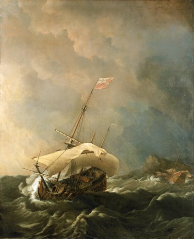 Brits schip in een stormachtige wind, probeert te ontsnappen van de rotsachtige kust door Willem van de Velde the Younger