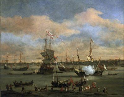 Brits handelsschip in een haven in de Middellandse Zee door Willem van de Velde the Younger