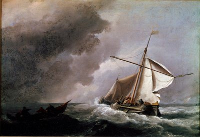 Nederlands schip strijkt zeilen in afwachting van een reddingsboot. Schilderij door Willem Van de Velde de jonge (1633-1707) 1660 door Willem van de Velde the Younger