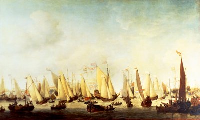 Inscheping van Karel II Stuart in Scheveningen door Willem van de Velde the Younger