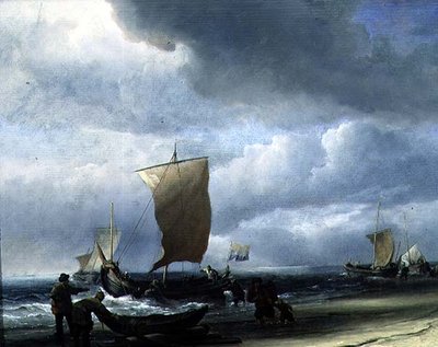 Vissersboten komen aan land door Willem van de Velde the Younger