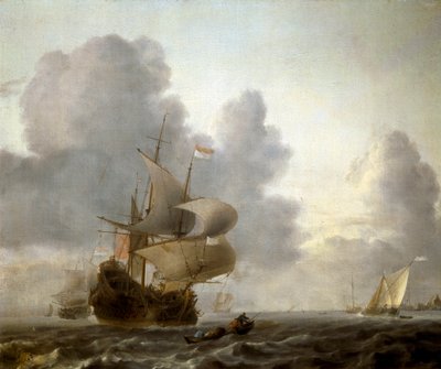 Landschap met boten in een woeste zee door Willem van de Velde the Younger