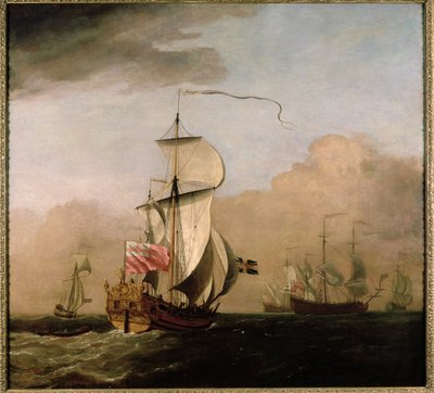 De Ketch van de tweede hertog van Albemarle met een jacht links en drie oorlogsschepen in de verte rechts door Willem van de Velde the Younger