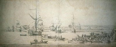 De aankomst van James, Hertog van York, op het Koninklijke Jacht in Chatham, om het eerste rang slagschip 