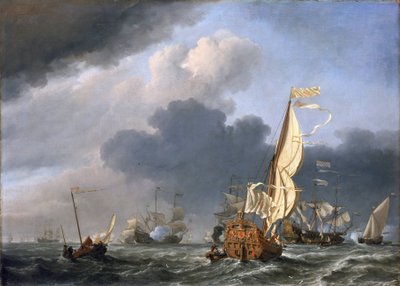 Jacht in sterke wind, probeert zich bij een groep Nederlandse schepen te voegen, waarschijnlijk de samenkomst van de Nederlandse vloot bij Texel in 1672 door Willem van de Velde the Younger