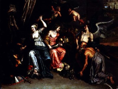 Landbouw vergezeld door Faam die Ceres aanbidt terwijl een harpij wordt vertrapt en Minerva Mars overwint door Willem van the Elder Herp