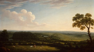 Uitgestrekt bebost landschap met een verre blik op een stad door Joseph Mallord William Turner