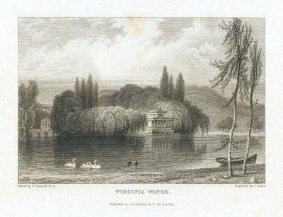 Virginia Water, Lake Surrey (Engeland), nabij Windsor, uitzicht op het Chinese paviljoen omgeven door bomen op een eiland in het midden van het meer. Gravure door J. Lewis naar William Daniell (1769-1837). door William (after) Daniell