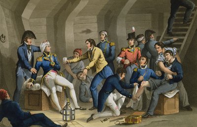 De Cockpit, Slag bij de Nijl, met Nelson gewond in de strijd, gegraveerd door Matthew Dubourg uit 