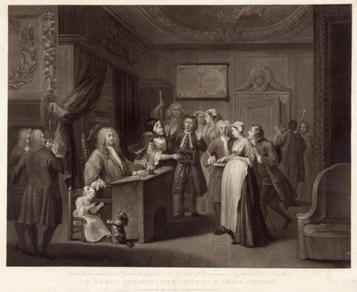 Een vrouw die haar kind zweert aan een ernstige burger door William (after) Hogarth