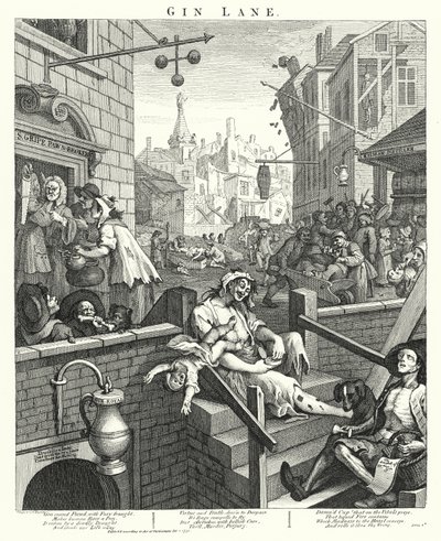 Gin Lane (gravure) door William (after) Hogarth