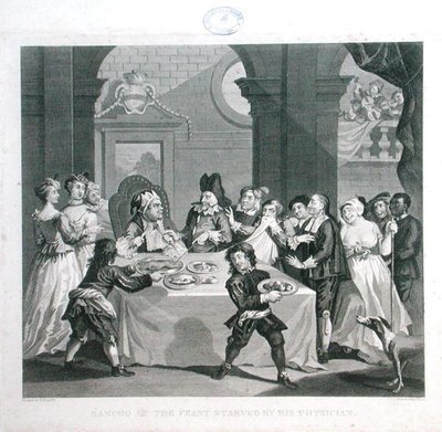 Sancho bij het feest uitgehongerd door zijn arts, gegraveerd door Thomas Cook (1744-1818) door William (after) Hogarth