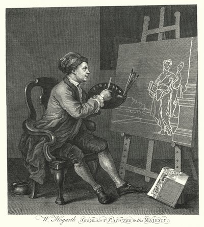 Zelfportret van de Engelse kunstenaar William Hogarth (gravure) door William (after) Hogarth