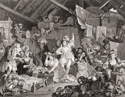 Rondtrekkende Spelers repeteren in een Schuur, gegraveerd door G Presbury, uit De Werken van Hogarth gepubliceerd Londen 1833 (zwart-wit gravure) door William (after) Hogarth