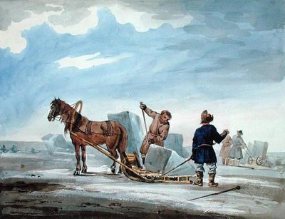 Transport van ijs met paardenslee, uit 