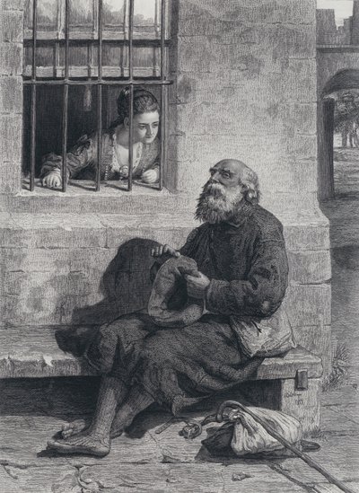 Het interview tussen Miss Wardour en Edie Ochiltree bij het tralieraam van de betegelde salon (gravure) door William (after) McTaggart