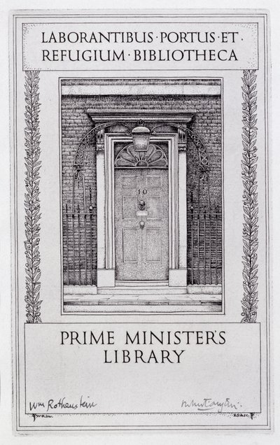 Boekplaat voor de Bibliotheek van de Premier, gegraveerd door Robert Sargent Austin (1895-1973) door William (after) Rothenstein