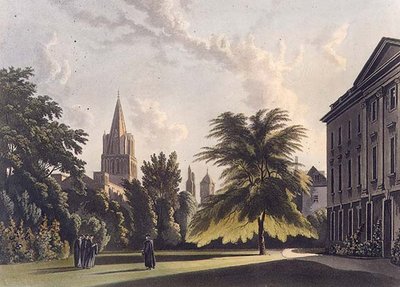 Exterieur van Corpus Christi College en Christ Church Cathedral, illustratie uit de 