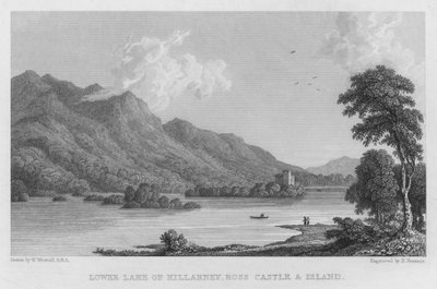 Lower Lake of Killarney, Ross Castle en eiland (gravure) door William (after) Westall