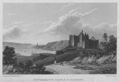 Oystermouth Castle en haven door William (after) Westall