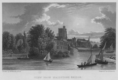 Uitzicht vanaf Maidstone Bridge (gravure) door William (after) Westall