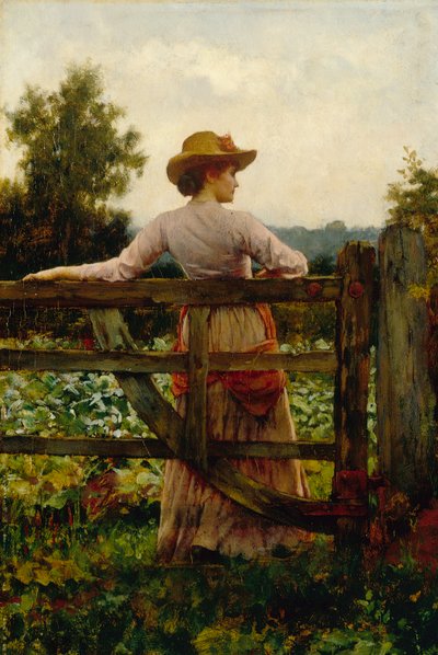 De ontmoetingsplaats, vrouw leunend op hek door William A. Breakspeare