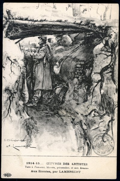 Eerste Wereldoorlog - Oorlog 14-18 (1914-1918) - Wereldoorlog I (WWI of WW1): Frankrijk, Patriottische kaart met een tekening van een soldaat in een loopgraaf die de frontlinie observeert, getiteld: 