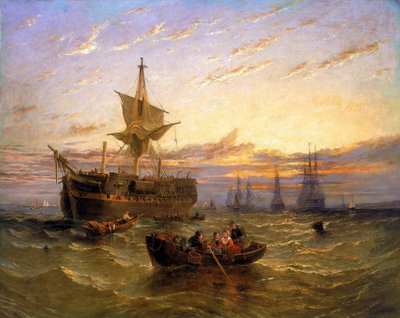 Britse Oost-Indische handelsschip op de Theems door William Adolphus Knell