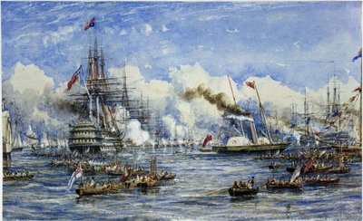 Hare Majesteits bezoek aan het vlaggenschip op 11 augustus door William Adolphus Knell