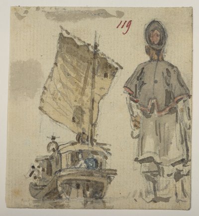 119 Boot- en figurenstudies, uit een Album van 372 tekeningen van landschappen, kustlijnen, kostuums en het dagelijks leven gemaakt tijdens Lord Macartney