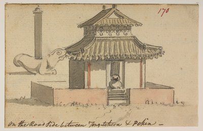 Tempel aan de weg tussen Tong-tcheon en Peking. uit een Album van 372 tekeningen van landschappen, kustlijnen, kostuums en het dagelijks leven gemaakt tijdens Lord Macartney