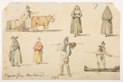 7 Figuren van Madeira, 1792, uit een Album van 372 tekeningen van landschappen, kustlijnen, kostuums en het dagelijks leven gemaakt tijdens Lord Macartney