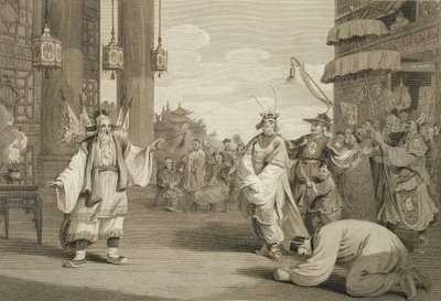 Een scène in een historisch toneelstuk opgevoerd op het Chinese podium, gegraveerd door James Heath, uitgegeven door G. Nicol, 1796 door William Alexander