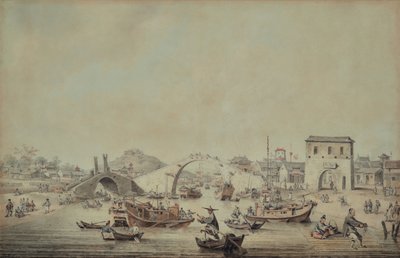 Chinese schuiten van de ambassade die zich voorbereiden om onder een brug door te varen door William Alexander