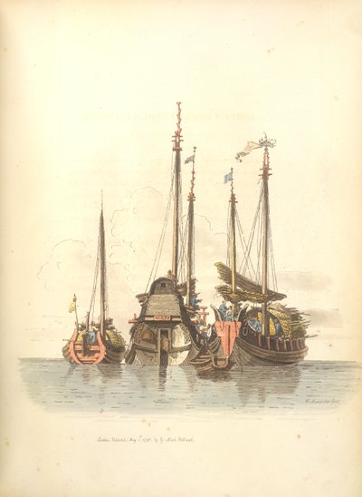 Drie schepen voor anker door William Alexander