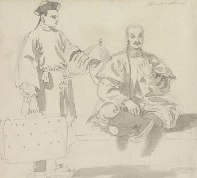 Twee Chinese figuren: een verkoper van hoeden en een man die met gekruiste benen zit en een pijp rookt door William Alexander