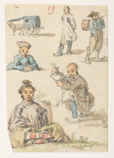 Studies van Chinezen, uit een album van 372 tekeningen van landschappen, kustlijnen, kostuums en het dagelijks leven gemaakt tijdens de ambassade van Lord Macartney naar de keizer van China, tussen 1792 en 1794 door William Alexander