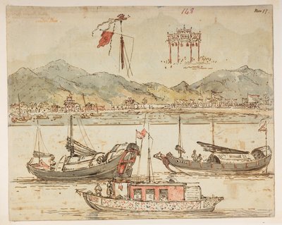Boten en triomfbogen. uit een Album van 372 tekeningen van landschappen, kustlijnen, kostuums en het dagelijks leven gemaakt tijdens Lord Macartney