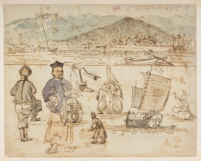 f.67 192 Figurenstudies, met boten inbegrepen in 192, uit een Album van 372 tekeningen van landschappen, kustlijnen, kostuums en het dagelijks leven gemaakt tijdens Lord Macartney